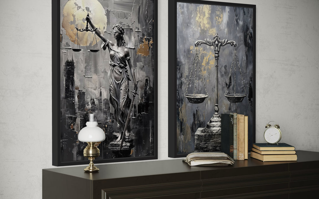 Law Office Set Of 2 Lady Justice And Scales Of Justice Framed Canvas Wall Art