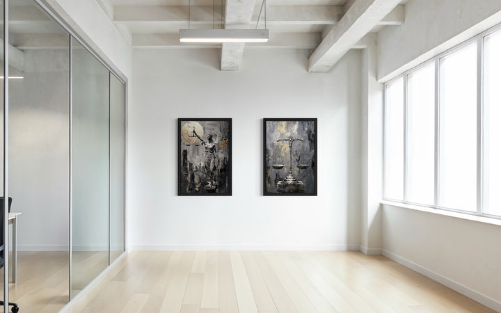 Law Office Set Of 2 Lady Justice And Scales Of Justice Framed Canvas Wall Art