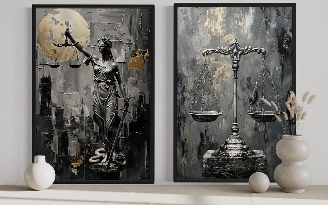 Law Office Set Of 2 Lady Justice And Scales Of Justice Framed Canvas Wall Art