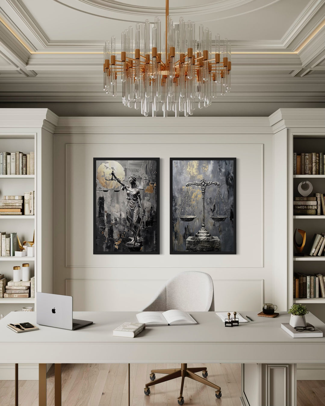 Law Office Set Of 2 Lady Justice And Scales Of Justice Framed Canvas Wall Art
