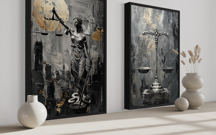 Law Office Set Of 2 Lady Justice And Scales Of Justice Framed Canvas Wall Art