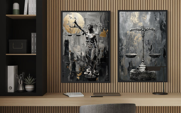 Law Office Set Of 2 Lady Justice And Scales Of Justice Framed Canvas Wall Art