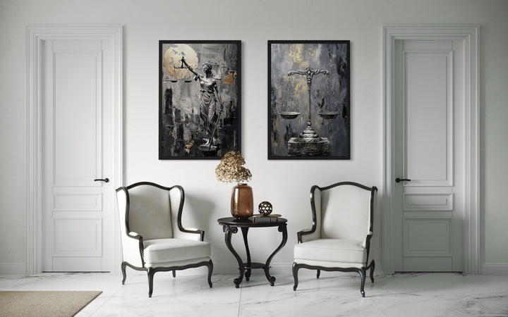 Law Office Set Of 2 Lady Justice And Scales Of Justice Framed Canvas Wall Art