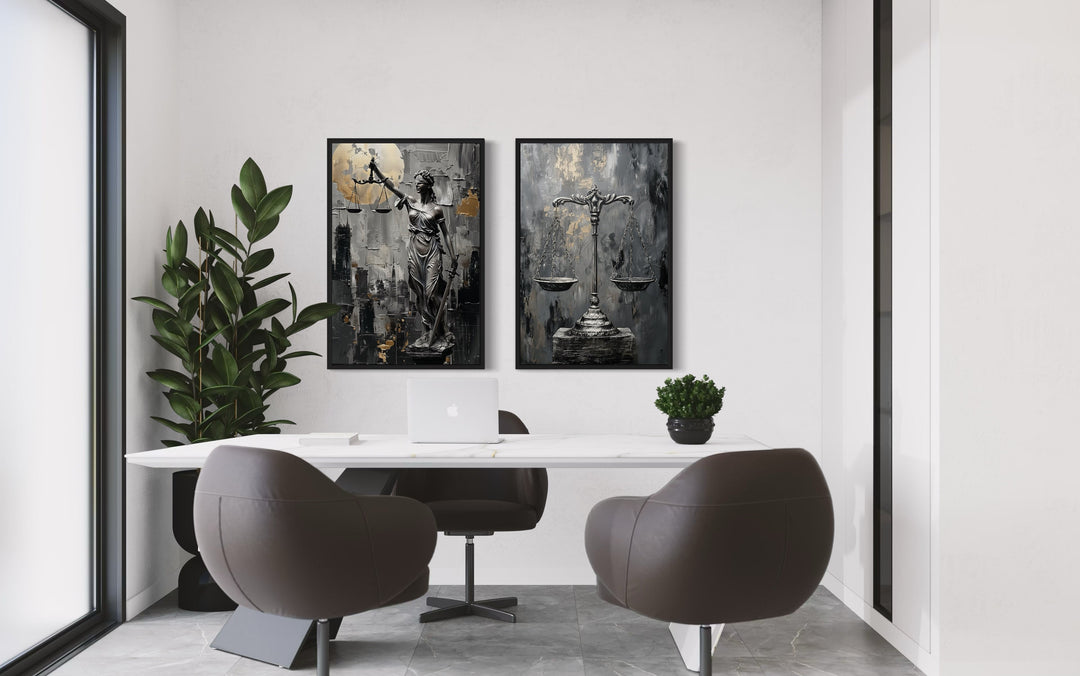 Law Office Set Of 2 Lady Justice And Scales Of Justice Framed Canvas Wall Art