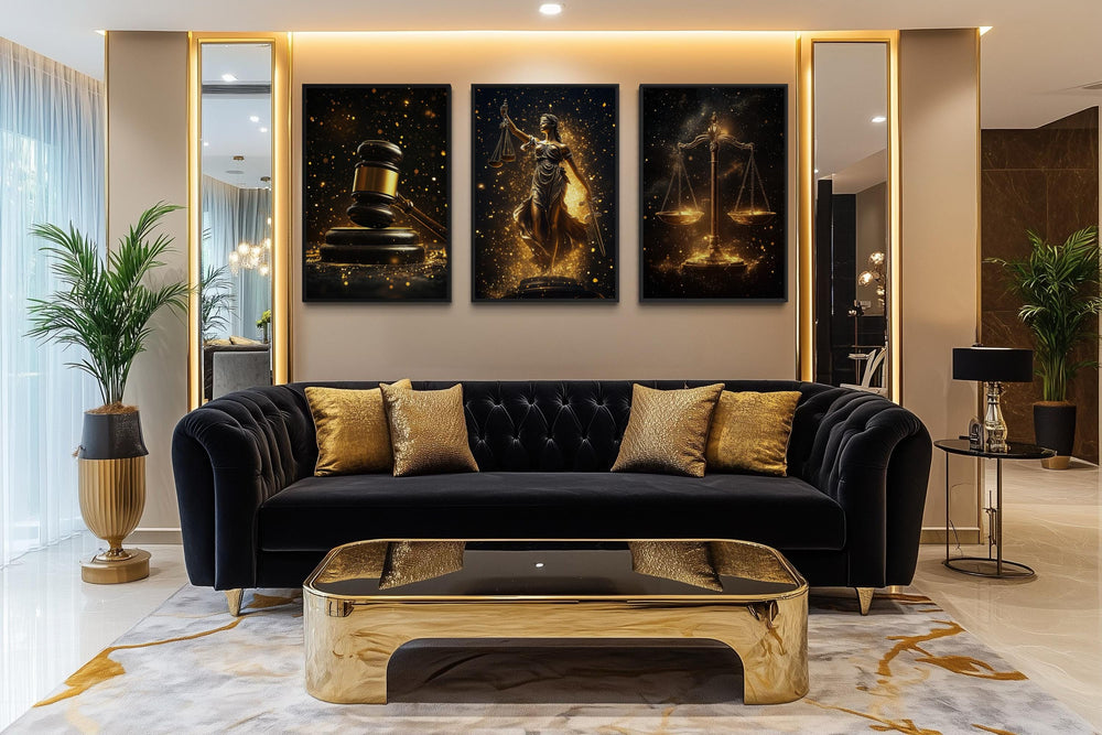 Three-panel black and gold canvas art set featuring a gavel, Lady Justice, and scales of justice.