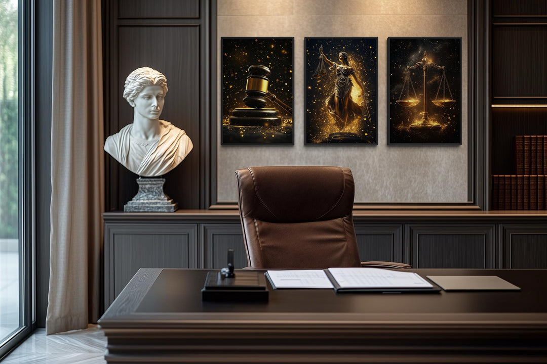 Three-panel black and gold canvas art set featuring a gavel, Lady Justice, and scales of justice.