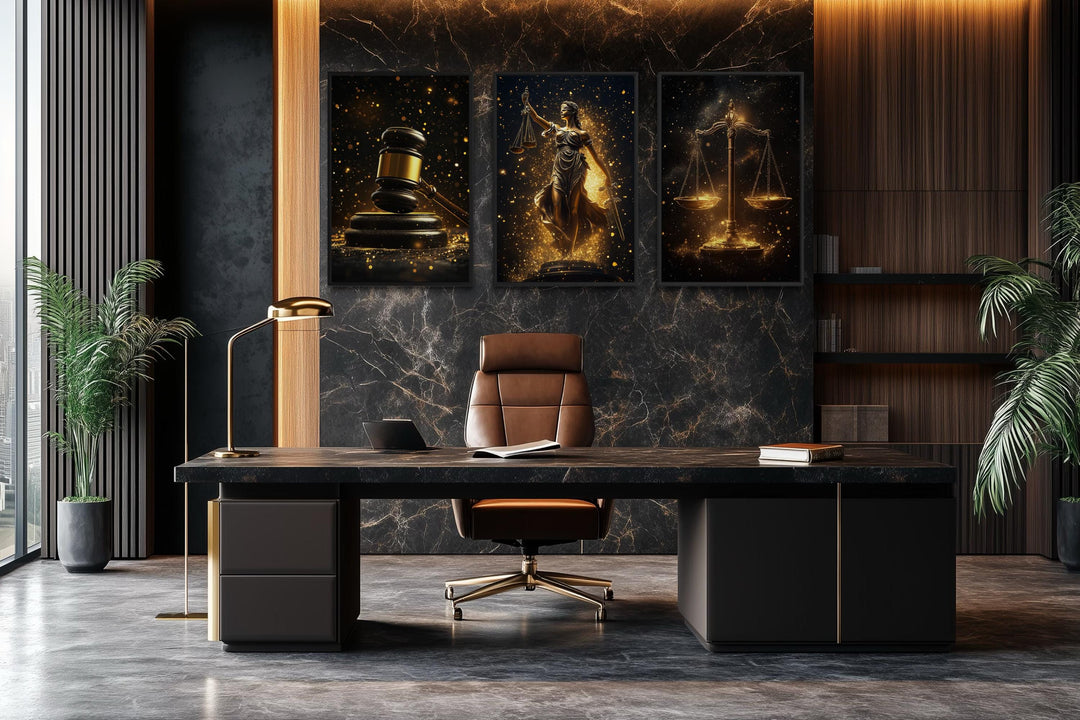 Three-panel black and gold canvas set featuring a judge's gavel, Lady Justice, and scales of justice.