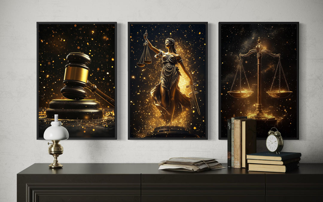 Three-panel black and gold canvas art set featuring a judge's gavel, Lady Justice, and scales.
