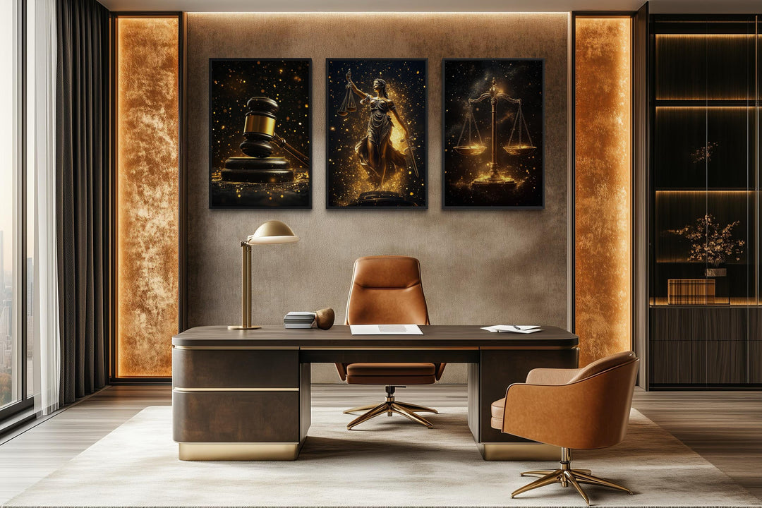 Three-panel black and gold canvas set featuring a judge's gavel, Lady Justice, and scales of justice.