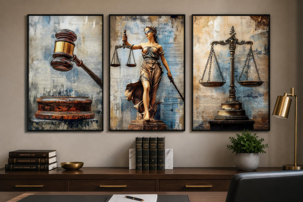 Three-panel law office wall art featuring Lady Justice, a gavel, and scales in blue and gold tones.