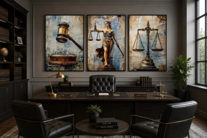A three-panel canvas wall art set featuring a gavel, Lady Justice, and scales in a law office.
