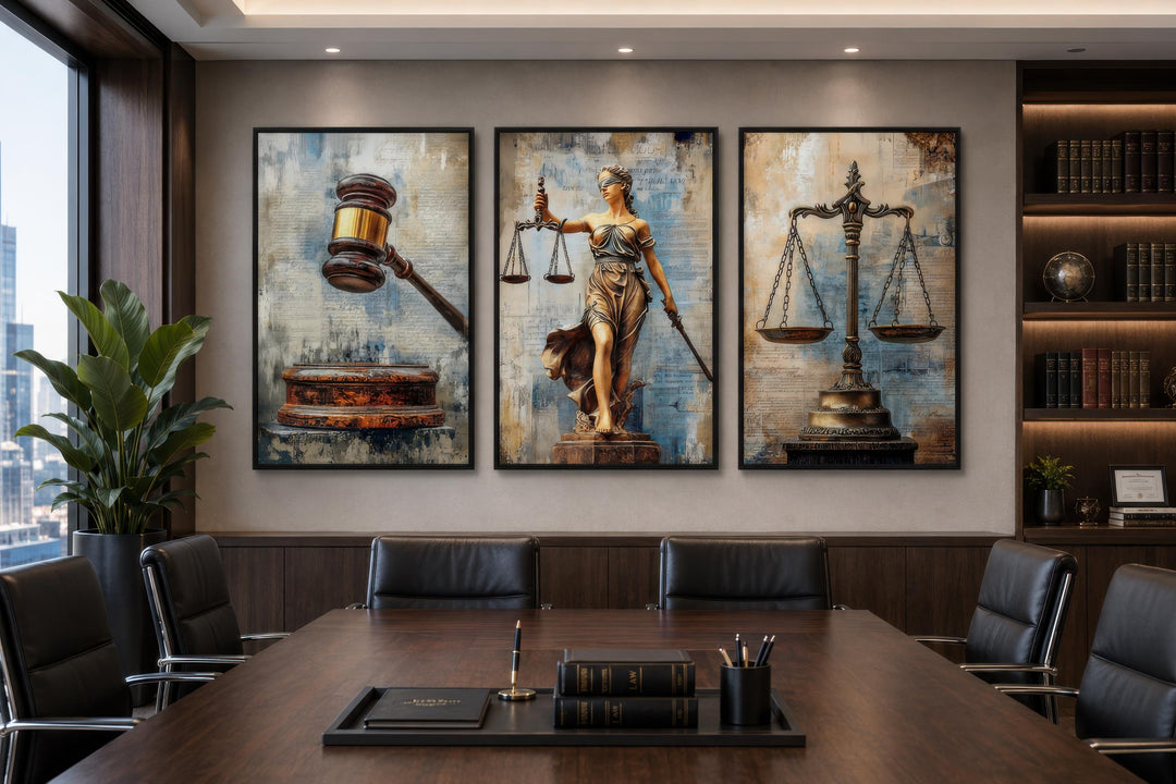 A three-panel canvas set featuring a gavel, Lady Justice, and scales in a professional law office.
