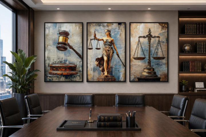 A three-panel canvas set featuring a gavel, Lady Justice, and scales in a professional law office.