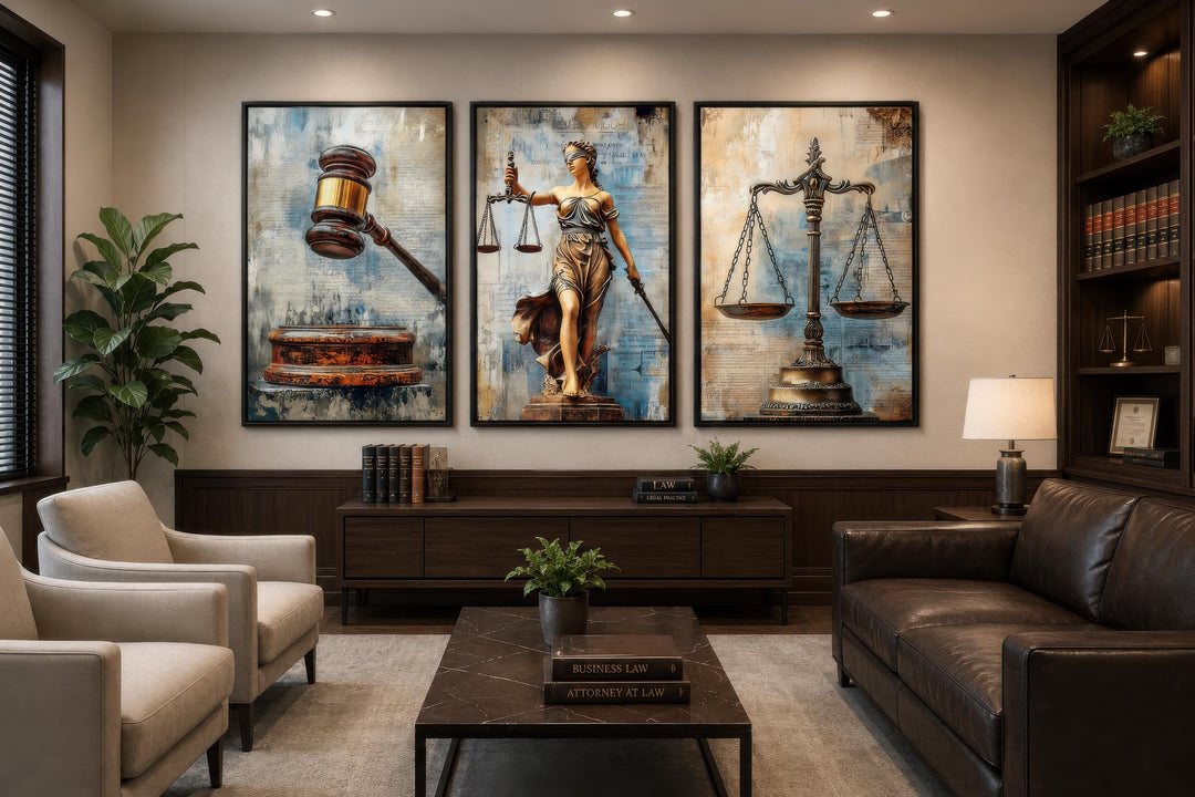 Three-panel canvas wall art featuring a gavel, Lady Justice, and scales in a professional office.