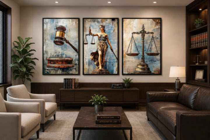 Three-panel canvas wall art featuring a gavel, Lady Justice, and scales in a professional office.