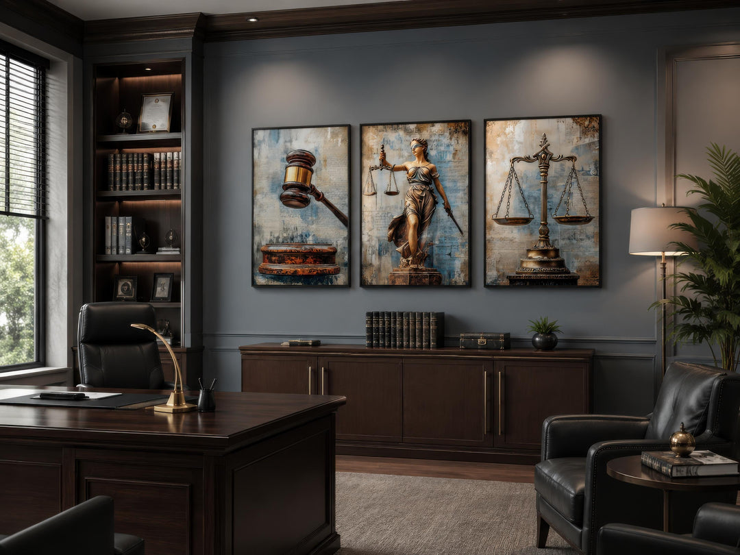 Three-panel canvas wall art set featuring a gavel, Lady Justice, and scales in a law office.