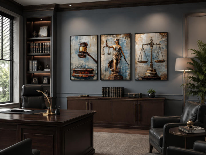 Three-panel canvas wall art set featuring a gavel, Lady Justice, and scales in a law office.