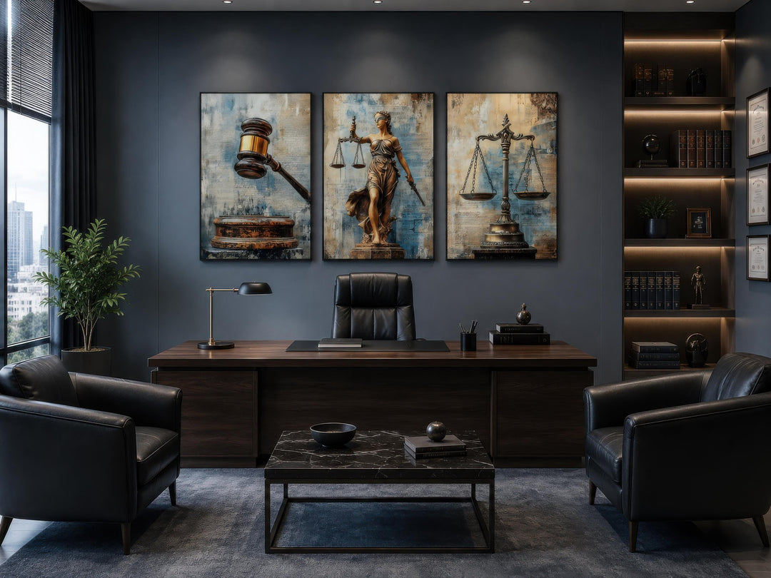 Three-panel canvas wall art set featuring Lady Justice, a gavel, and scales in a modern law office.
