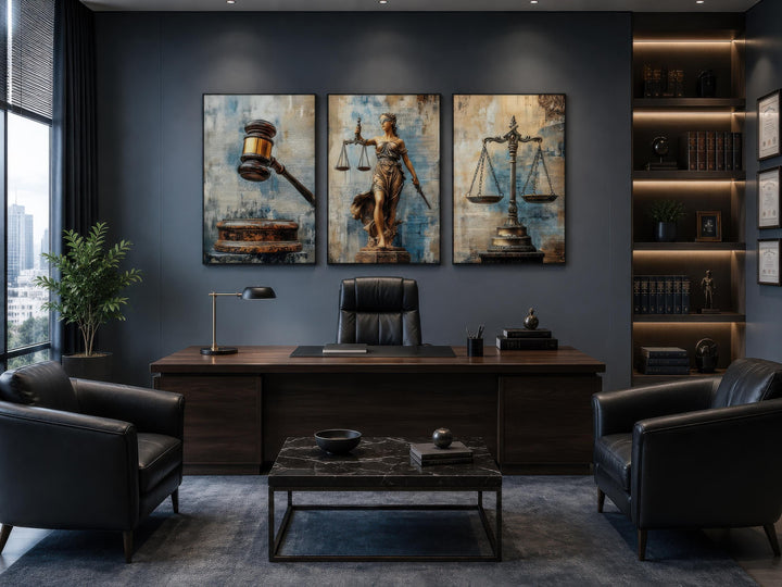 Three-panel canvas wall art set featuring Lady Justice, a gavel, and scales in a modern law office.