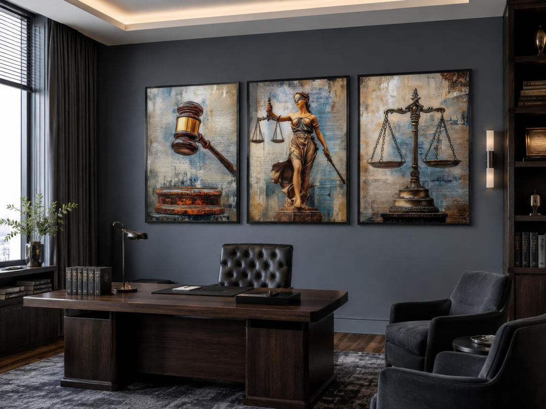 A triptych of law-themed canvas art featuring a gavel, Lady Justice, and scales in a dark office.