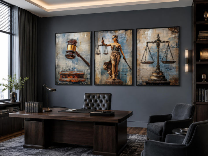 A triptych of law-themed canvas art featuring a gavel, Lady Justice, and scales in a dark office.