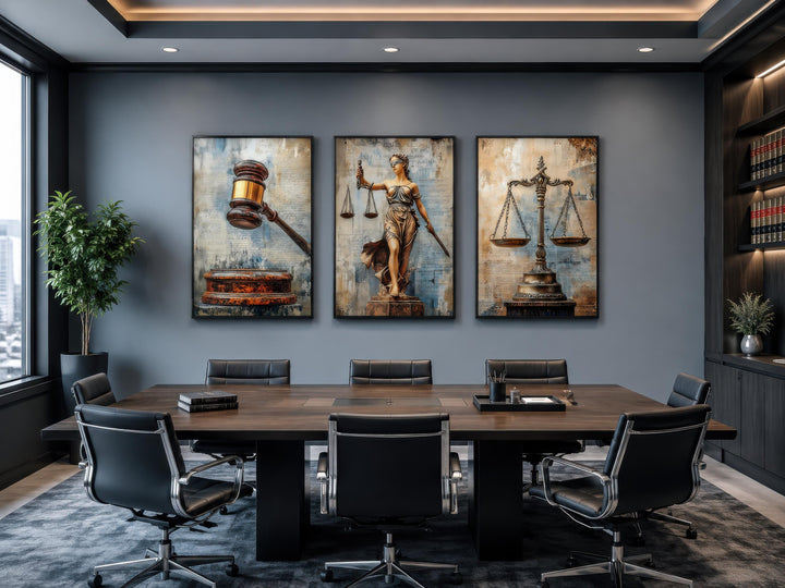 A three-panel canvas set featuring a gavel, Lady Justice, and scales in a modern law office.