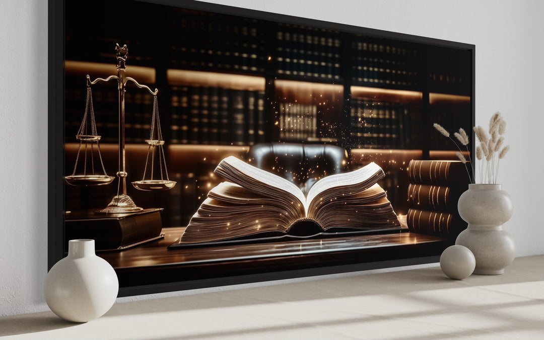 Law Office Wall Art - Open Law Book And Scales Of Justice Canvas Print