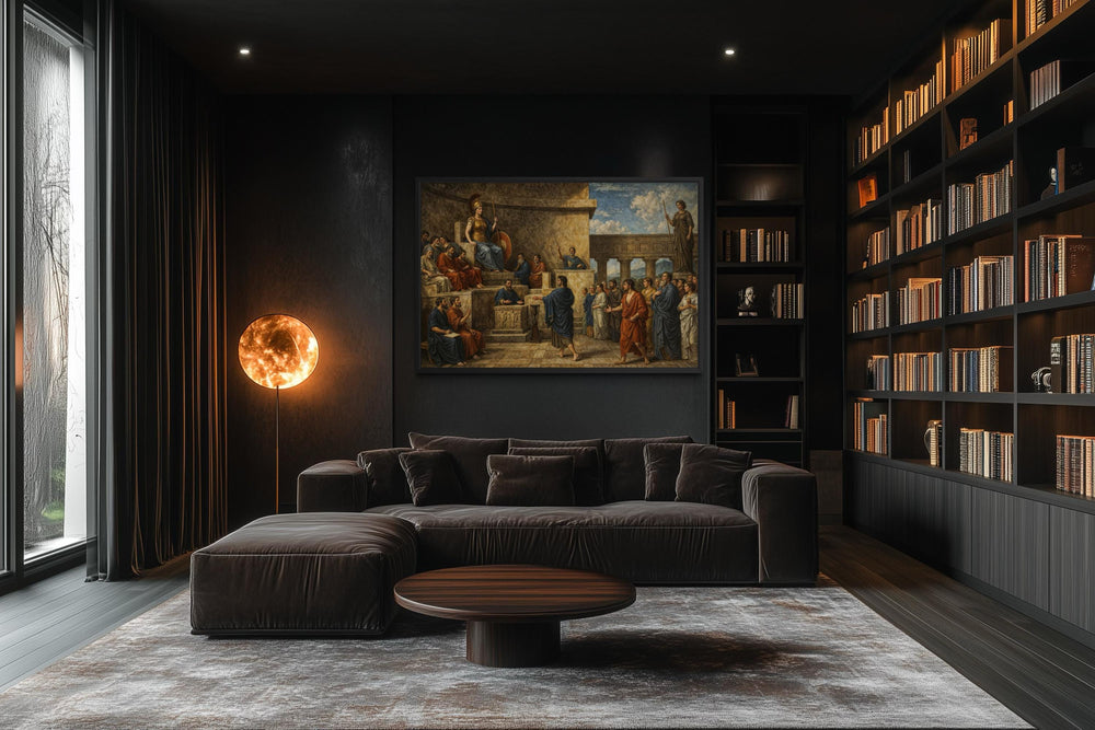 A framed canvas print of the Trial of Orestes hangs in a dark, modern law office or library.