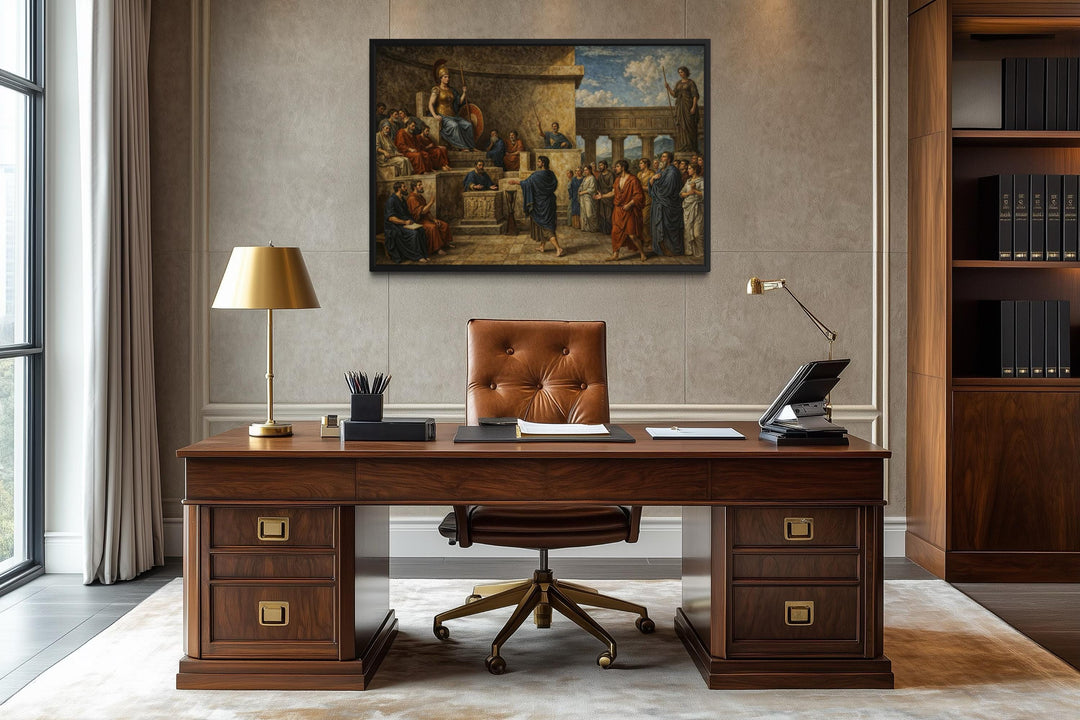A framed canvas print of the Trial of Orestes hangs above a classic wooden desk in a law office.
