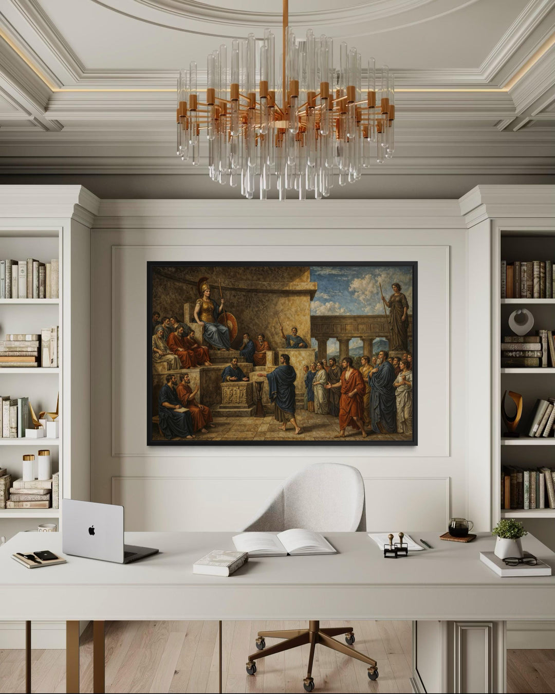 A framed canvas print of the Trial of Orestes hangs in a sophisticated, modern law office.