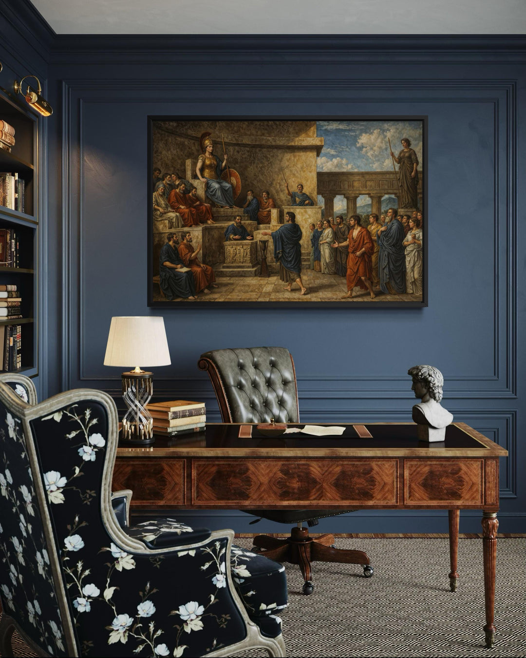 A framed canvas print of the Trial of Orestes hangs in a sophisticated, dark blue law office.