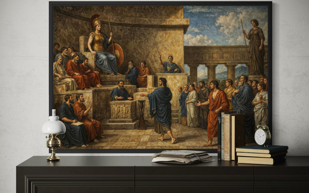 A framed canvas print of the Trial of Orestes displayed above a dark dresser with books and a lamp.