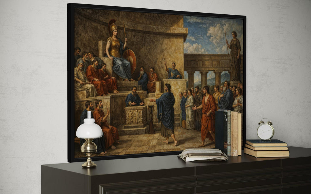 A framed classical canvas print of the Trial of Orestes displayed above a dark wood dresser.