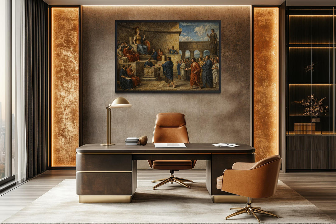 A framed canvas print of the Trial of Orestes hangs in a modern, luxury law office setting.