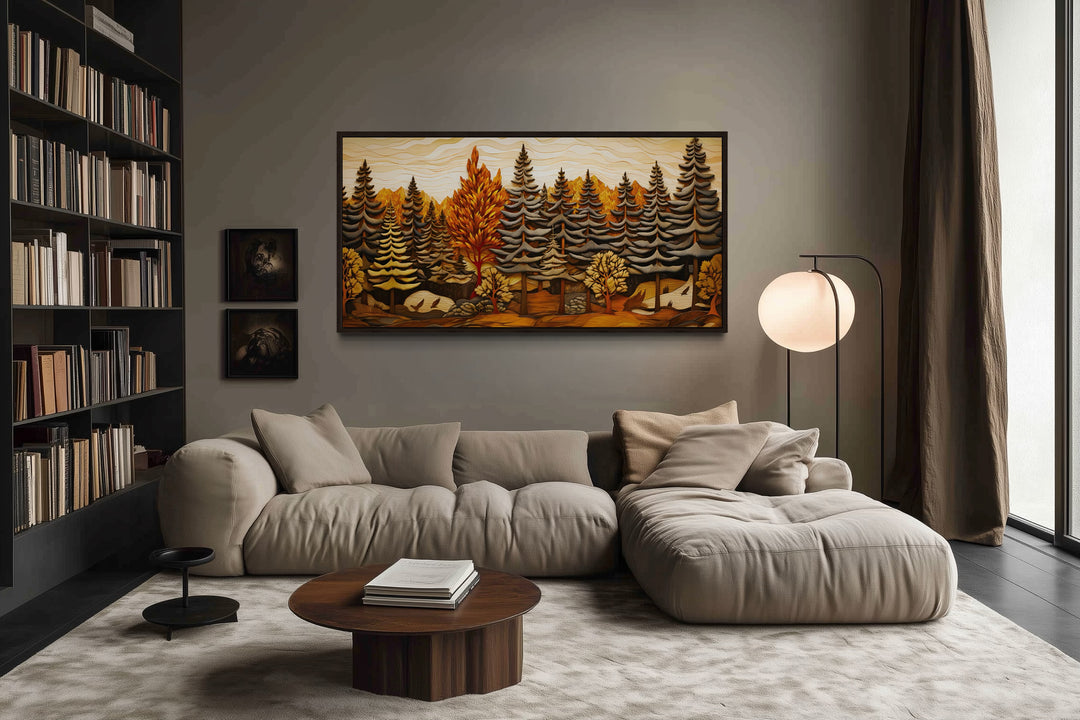 Layered Wood Panel Effect Fir Tree Forest Framed Canvas Wall Art For Cabin