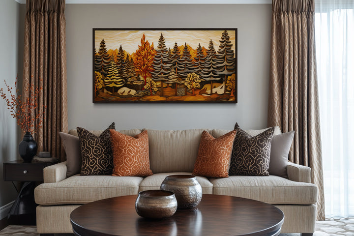 Layered Wood Panel Effect Fir Tree Forest Framed Canvas Wall Art For Cabin
