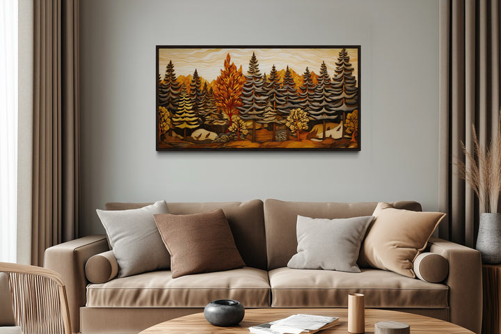 Layered Wood Panel Effect Fir Tree Forest Framed Canvas Wall Art For Cabin
