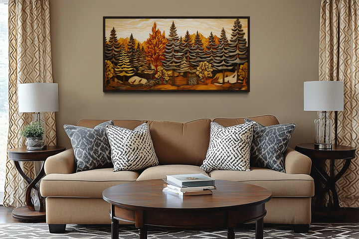 Layered Wood Panel Effect Fir Tree Forest Framed Canvas Wall Art For Cabin
