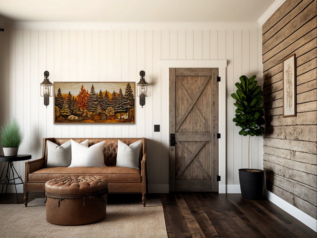 Rustic Cabin Wall Decor - Layered Wood Panel Effect Fir Tree Forest Framed Canvas Wall Art For Cabin