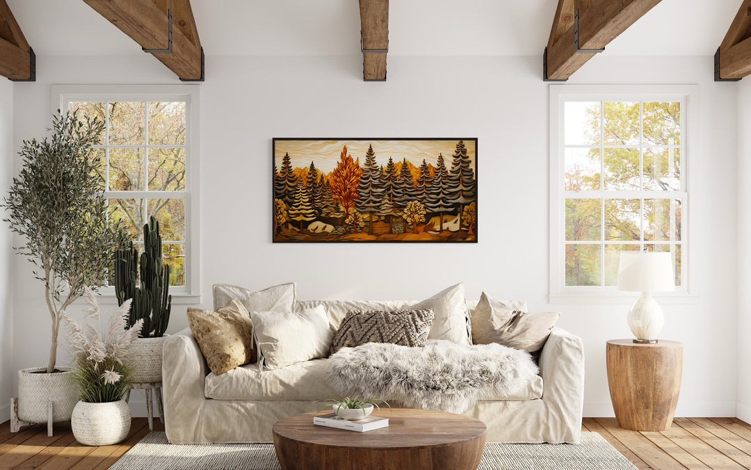 Rustic Cabin Wall Decor - Layered Wood Panel Effect Fir Tree Forest Framed Canvas Wall Art For Cabin