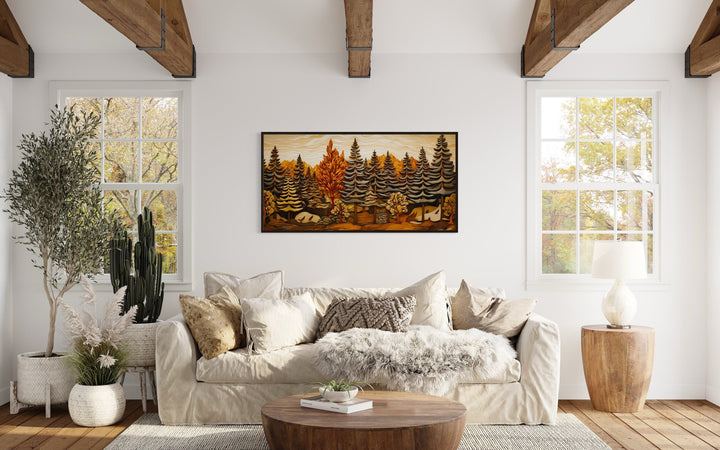 Layered Wood Panel Effect Fir Tree Forest Framed Canvas Wall Art For Cabin