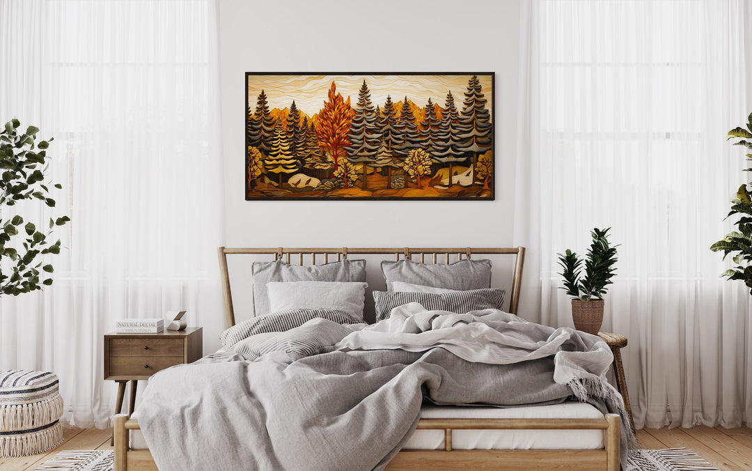 Layered Wood Panel Effect Fir Tree Forest Framed Canvas Wall Art For Cabin