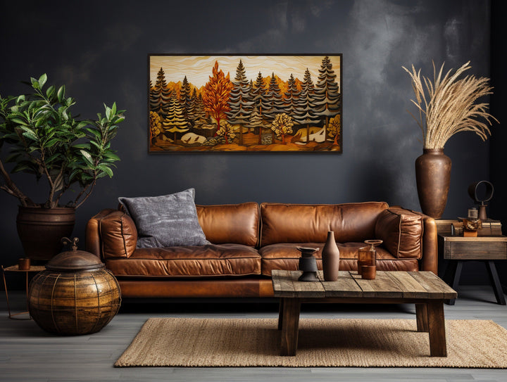 Rustic Cabin Wall Decor - Layered Wood Panel Effect Fir Tree Forest Framed Canvas Wall Art For Cabin