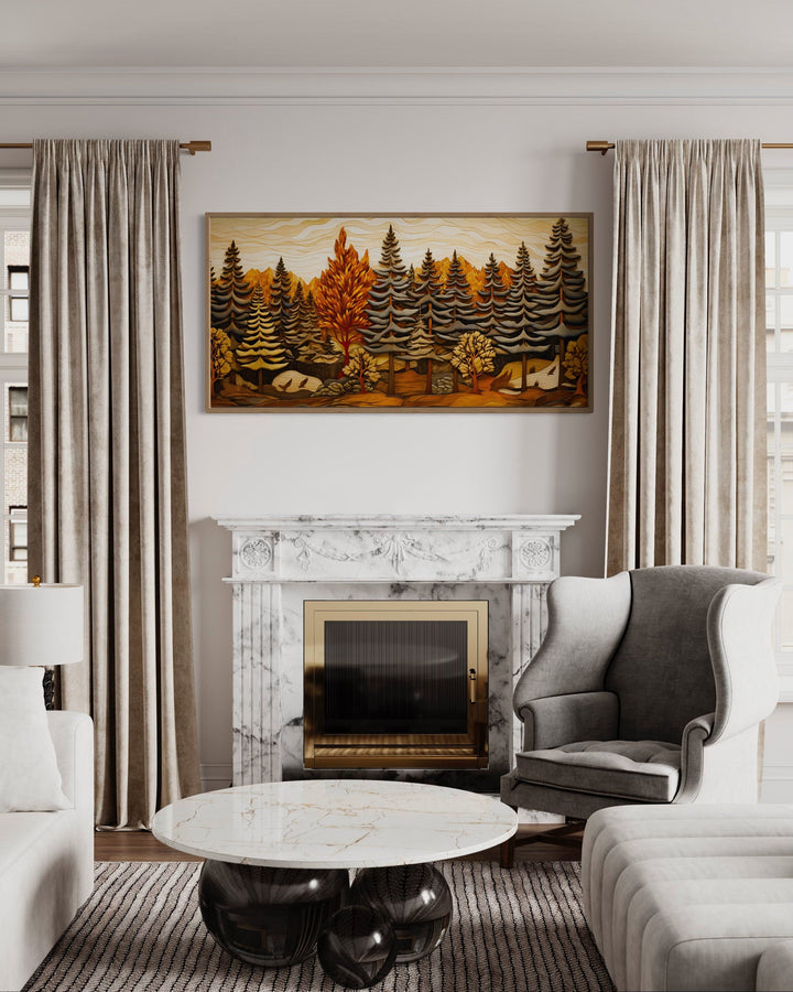 Rustic Cabin Wall Decor - Layered Wood Panel Effect Fir Tree Forest Framed Canvas Wall Art For Cabin