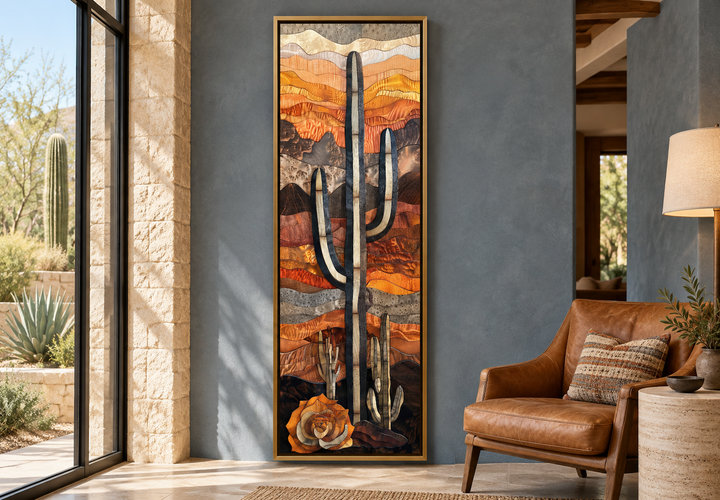 Vertical tall narrow saguaro cactus framed canvas wall art with layered wood style in a sunroom.
