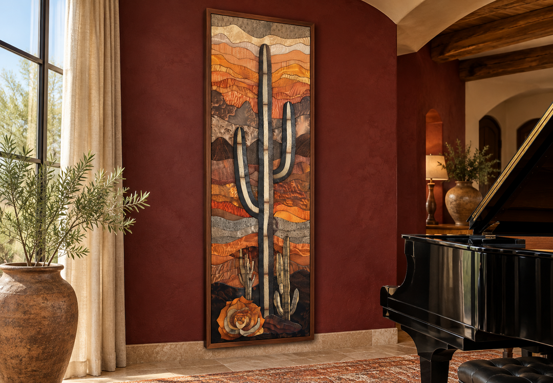 Vertical tall narrow saguaro cactus layered wood style framed canvas wall art on a burgundy wall.