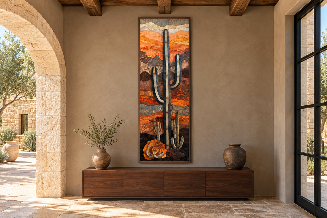 Vertical tall narrow saguaro cactus layered wood style framed canvas wall art in a rustic room.
