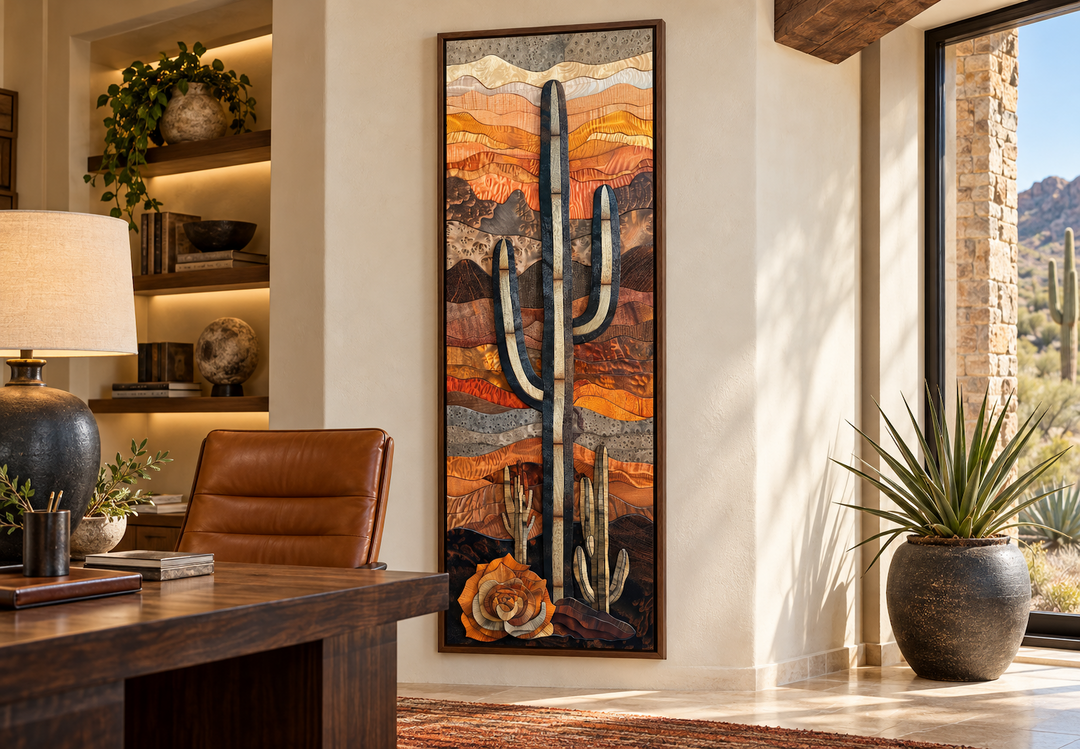 Vertical narrow saguaro cactus wall art with layered wood style in a rustic home office setting.