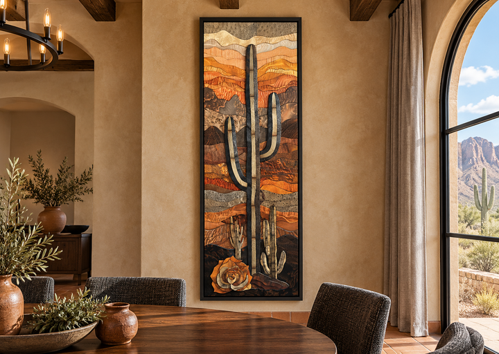 Vertical narrow saguaro cactus framed canvas wall art with a layered wood-style desert design.