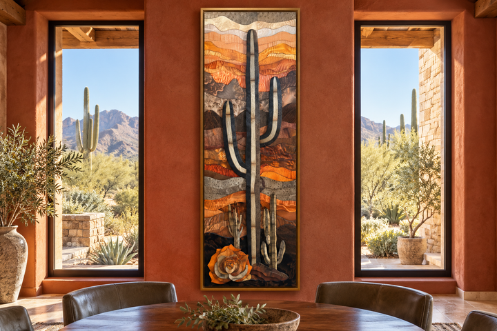 Vertical tall narrow saguaro cactus layered wood-style framed canvas wall art in a desert room.